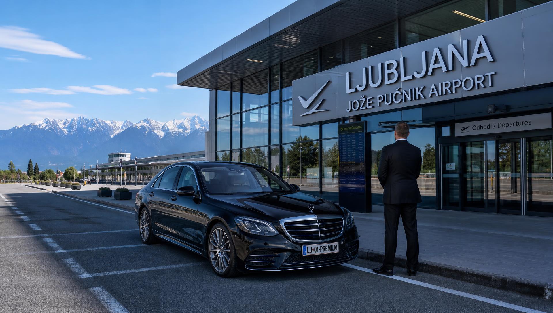 Črna limuzina pred terminalom letališča Ljubljana Jožeta Pučnika (Brnik), Slovenija
